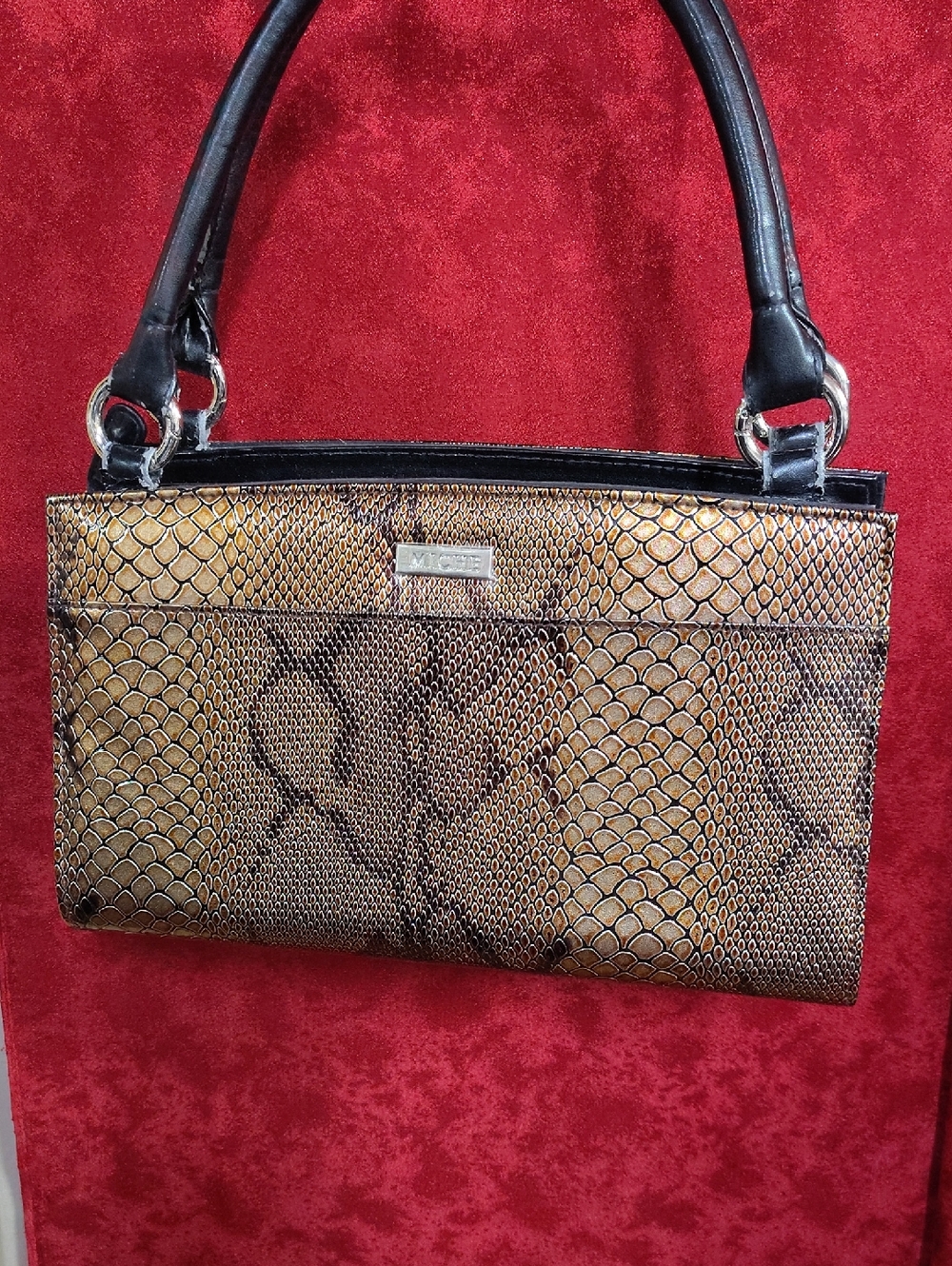 Miche Snake-Effect Brown Shoulder Bag with Black Handles